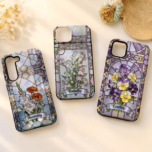 Custodia per iPhone personalizzata in stile vetrata artistica con fiore del mese di nascita e nome: regalo per l'uso quotidiano, per l'amicizia, per il compleanno, per la famiglia e gli amici