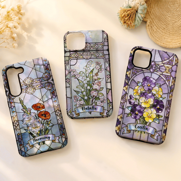 Personalised Stained Glass Style Birth Flower Phone Case with Name for iPhone Daily Use Friendship Birthday Gift for Family Friend