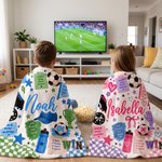 Personalised Soccer Sport Theme Soft Throw Blanket with Name and Number Game Day Birthday Christmas Gift for Soccer Player Boy Girl