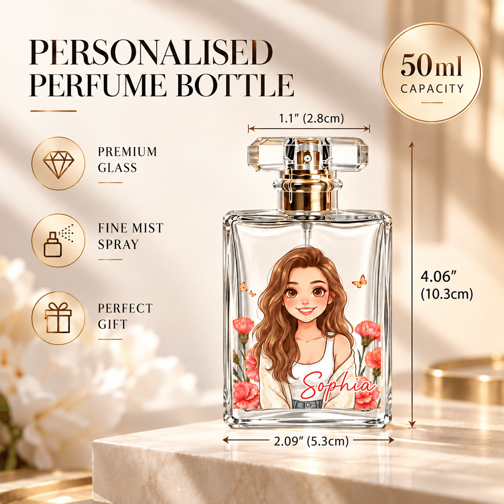 Personalised Birth Flower Watercolour Comic Style Photo 50ml Refillable Glass Perfume Bottle with Name Bridesmaid Proposal Birthday Gift for Women 8