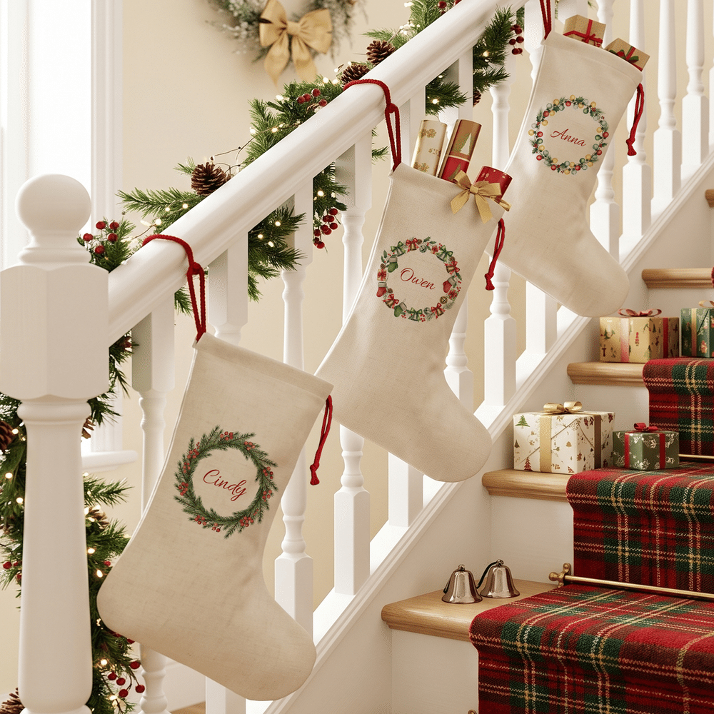 Personalised Holly Gingerbread Cookies Wreath Christmas Stocking Gift Bag with Name Fireplace Decor Christmas Gift for Family Couple 5