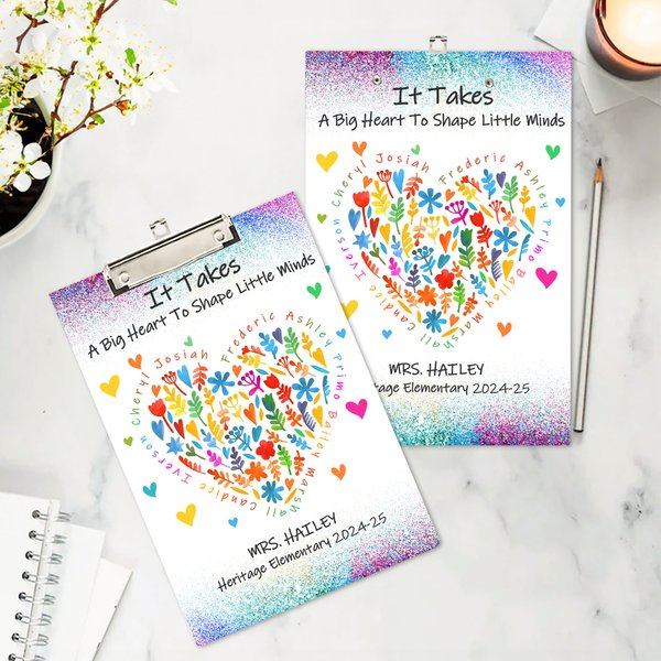 Porta-appunti in acrilico personalizzato per insegnanti, con cuore colorato e fiori, nome e testo: regalo di Natale per il rientro a scuola per gli insegnanti
