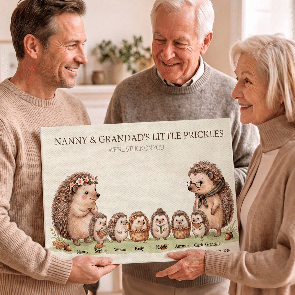 Personalised Cute Hedgehog Family Canvas Poster Frameless Framed Painting with 3-12 Names and Year Birthday Christmas Gift for Family Grandmother 6