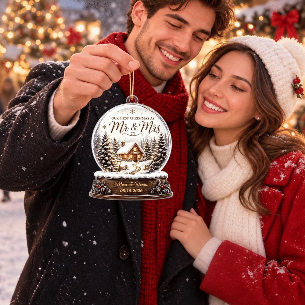 Personalised 3D-Effect Artwork Holly Cabin Our First Christmas Crystal Ball Shaped Acrylic Ornament with Name and Date Christmas Gift for Newlywed 2