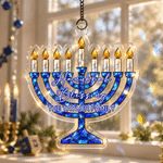 Décoration d'intérieur personnalisée : menorah en acrylique avec motif de vitrail et prénom de famille, à suspendre, pour Hanoukka – Cadeau de fête pour vos amis et votre famille juifs 2