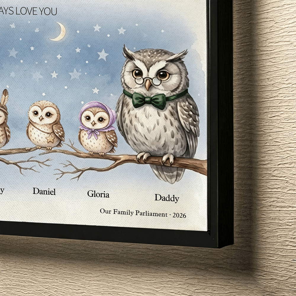 Póster en lienzo con diseño personalizado de un búho de dibujos animados, cuadro sin marco con 3-12 nombres, título y año; regalo navideño para familiares y amigos 6