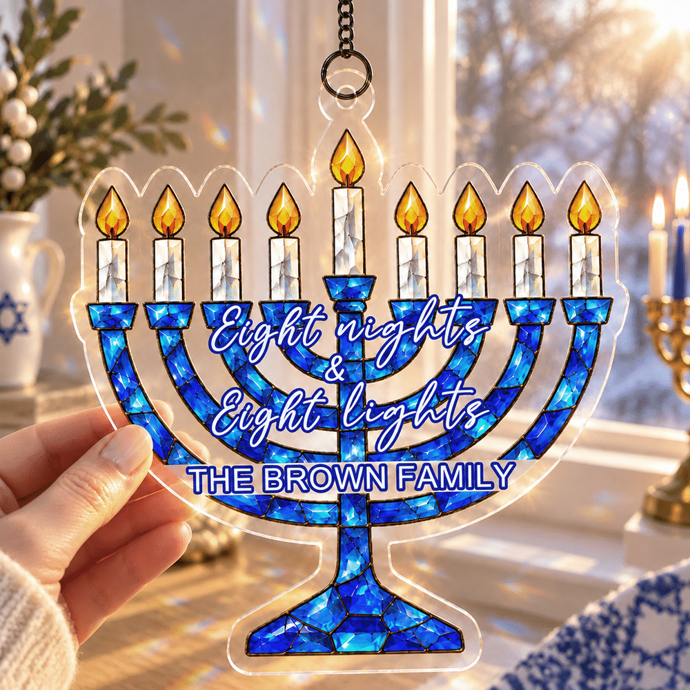 Décoration d'intérieur personnalisée : menorah en acrylique avec motif de vitrail et prénom de famille, à suspendre, pour Hanoukka – Cadeau de fête pour vos amis et votre famille juifs 5
