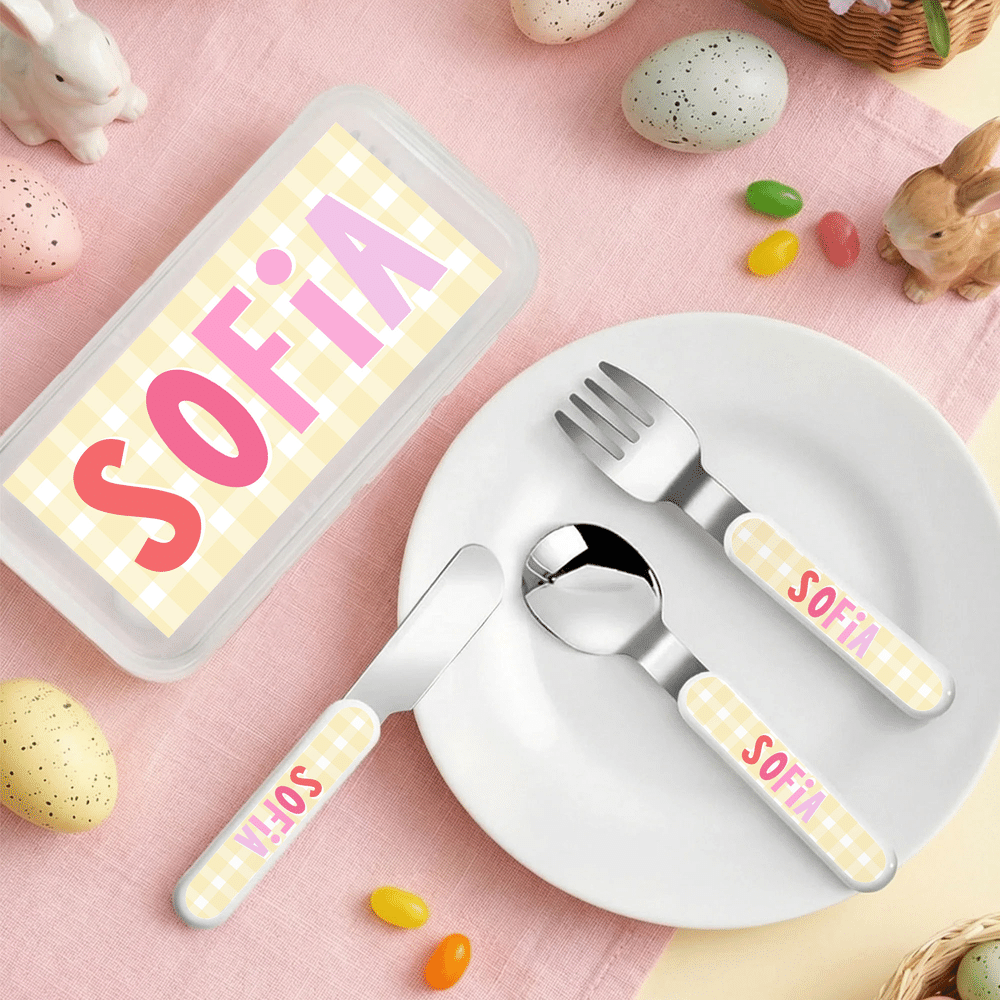 Juego de cubiertos de acero inoxidable de 3 piezas (tenedor, cuchara y cuchillo) con diseño personalizado en forma de cuadrícula, con nombre y estuche. Para uso diario. Regalo de cumpleaños para niños y niñas. 3
