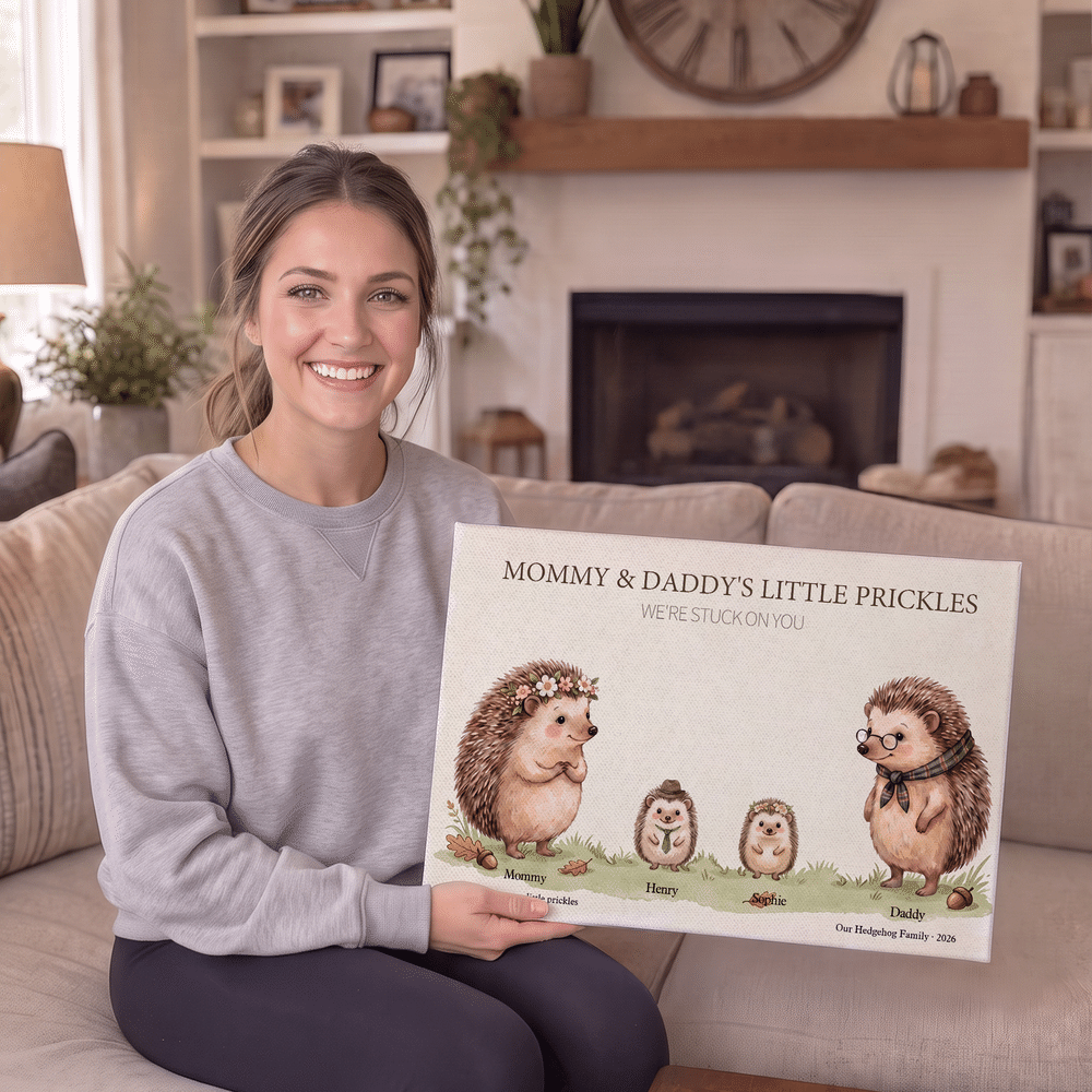 Personalised Cute Hedgehog Family Canvas Poster Frameless Framed Painting with 3-12 Names and Year Birthday Christmas Gift for Family Grandmother 5
