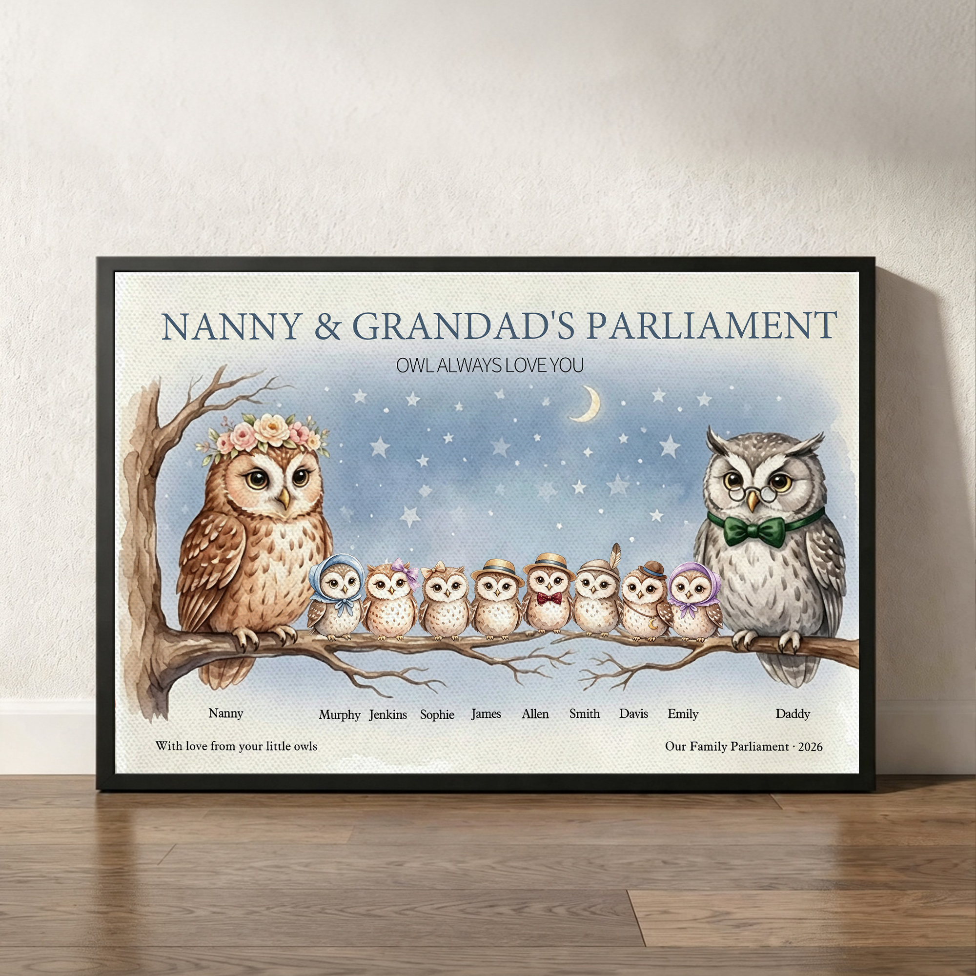 Personalized Cartoon Owl Pattern Canvas Poster Frameless Framed Painting with 3-12 Names Title and Year Christmas Holiday Gift for Family Friends