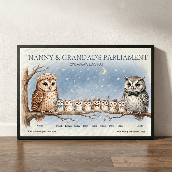 Póster en lienzo con diseño personalizado de un búho de dibujos animados, cuadro sin marco con 3-12 nombres, título y año; regalo navideño para familiares y amigos