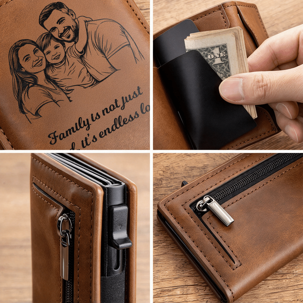Personalised Sketch Family Photo Slim RFID Blocking Pop Up Card Holder Wallet with Text Christmas Father's Day Gift for Men Dad 7