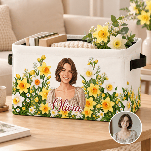 Personalised Birth Flower Portrait Large Capacity Storage Basket with Handle and Name Daily Use Birthday Christmas Gift for Friends Family