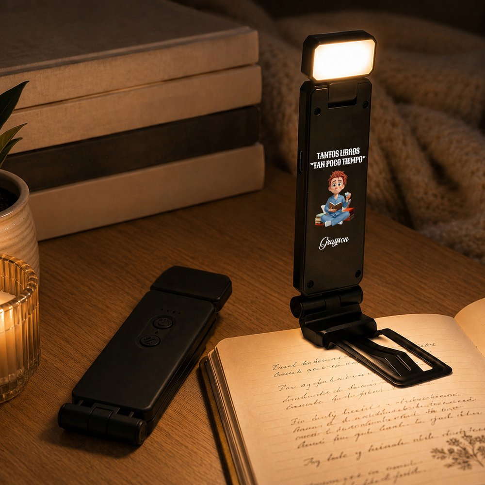 Luz de lectura personalizada con personaje de dibujos animados nombre y texto LED de 3 colores regalo de cumpleaños para amantes de libros 4