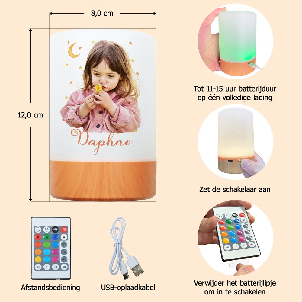 Gepersonaliseerd kinderfoto in aquarelstijl nachtlampje met naam, dimbaar met touchbediening - kinderkamerdecoratie, verjaardagscadeau voor kinderen 9