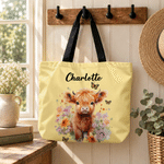 Henkilökohtainen, tilava akvarellikukallinen Highland Cow -kassi, jossa on nimi ja vetoketju; ostoskassi, päivittäiseen käyttöön, matkalle, lahjaksi naisille, parhaalle ystävälle tai perheelle 2