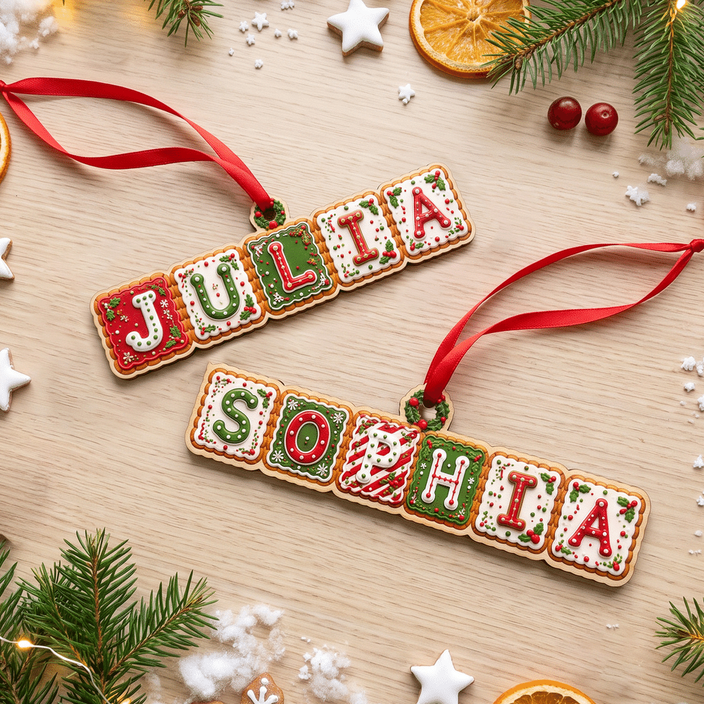 Adorno de madera personalizado con efecto 3D, con nombre en forma de galleta de jengibre, horizontal o vertical, para decorar el árbol de Navidad; regalo navideño para la familia, los niños y los amigos 6