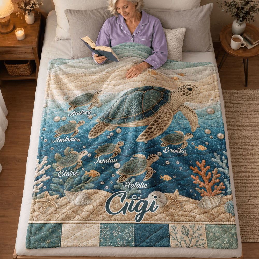 Personalised Sea Turtle Family Quilt-Effect Soft Throw Blanket with Title and 1-10 Names Home Decor Birthday Christmas Gift for Mum Gran Family 3