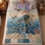 Personalised Sea Turtle Family Quilt-Effect Soft Throw Blanket with Title and 1-10 Names Home Decor Birthday Christmas Gift for Mum Gran Family 3