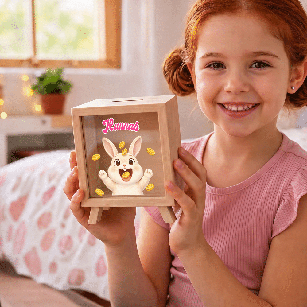 Personalized Eat Gold Coin Animal Wooden Money Box Piggy Bank with Text Back to School Birthday Gift for Boys Girls 4