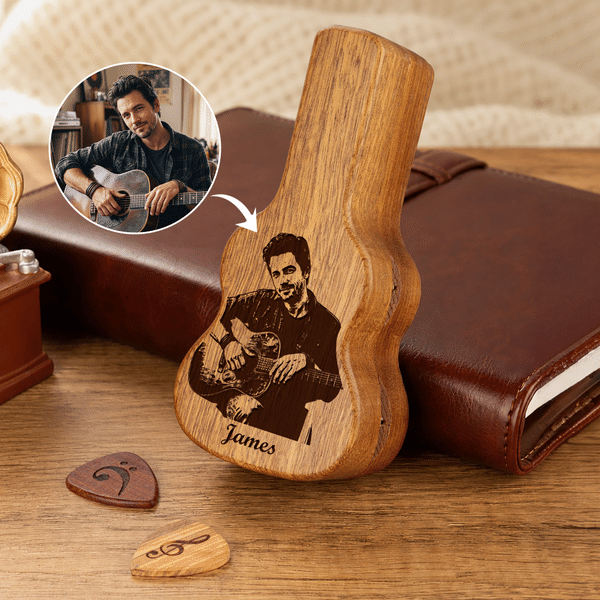 Personalized Engraved Photo Pattern Wooden Guitar Pick Holder Case Set with Name and Text Music Accessories Birthday Gift for Guitar Player