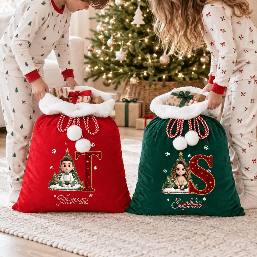 Personalised 3D-Effect Artwork Cartoon Character Photo Velvet Pom-Pom Santa Sack Gift Bag with Name Holiday Decor Christmas Gift for Kids Family 3