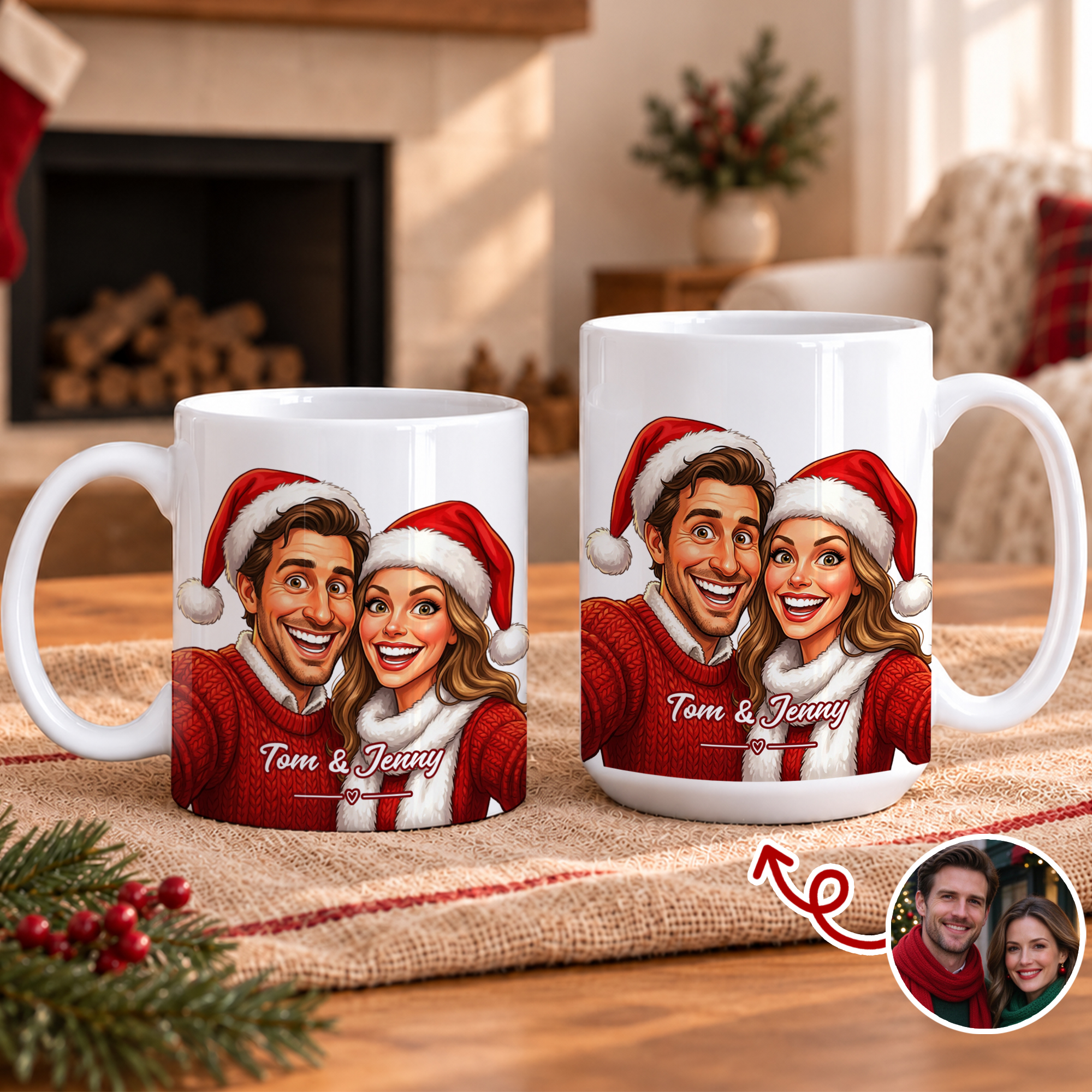 Personalised Christmas Comic Style Photo 11 oz 15 oz Ceramic Coffee Mug with Text Christmas Gift for Couple Friend Pet Owner