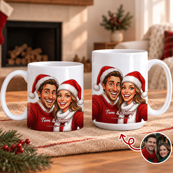 Personalized Christmas Comic Style Photo 11 oz 15 oz Ceramic Coffee Mug with Text Christmas Gift for Couple Friend Pet Owner