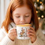 Cadeau de Noël personnalisé : mug émaillé de 12 oz avec bord coloré, décoré d'une vache des Highlands et d'un flocon de neige, personnalisé au nom du destinataire – Cadeau de Noël pour garçons et filles