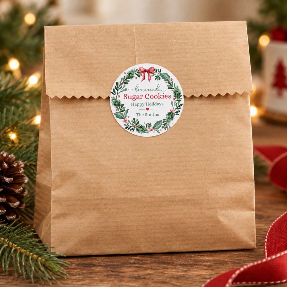 Personalized Christmas Wreath Waterproof Sticker with Dish Name and Family Surname Gift Decor Baking Party Favor Christmas Gift for Cooking Lovers 3