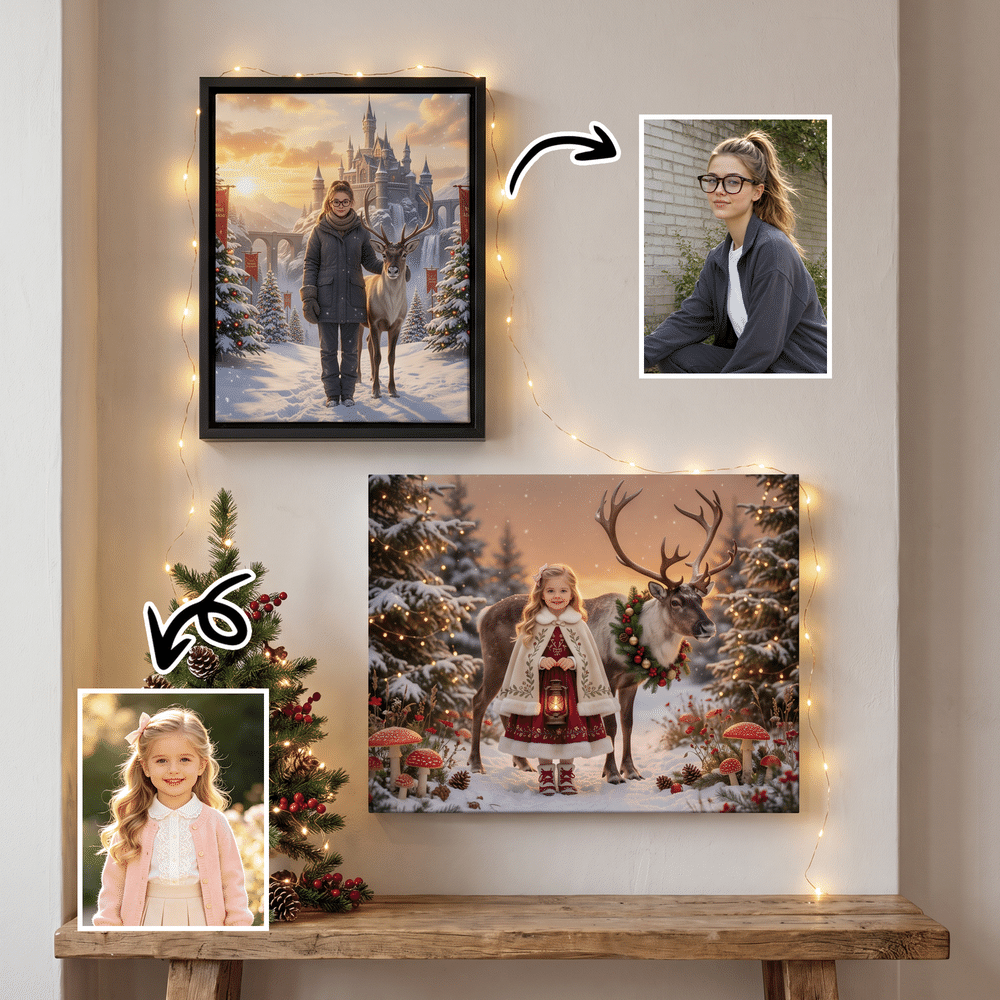 Stampe su tela personalizzate con foto di renne nella foresta di pini innevati – Decorazioni da parete per la casa – Regalo di Natale o di compleanno per familiari e amici 4