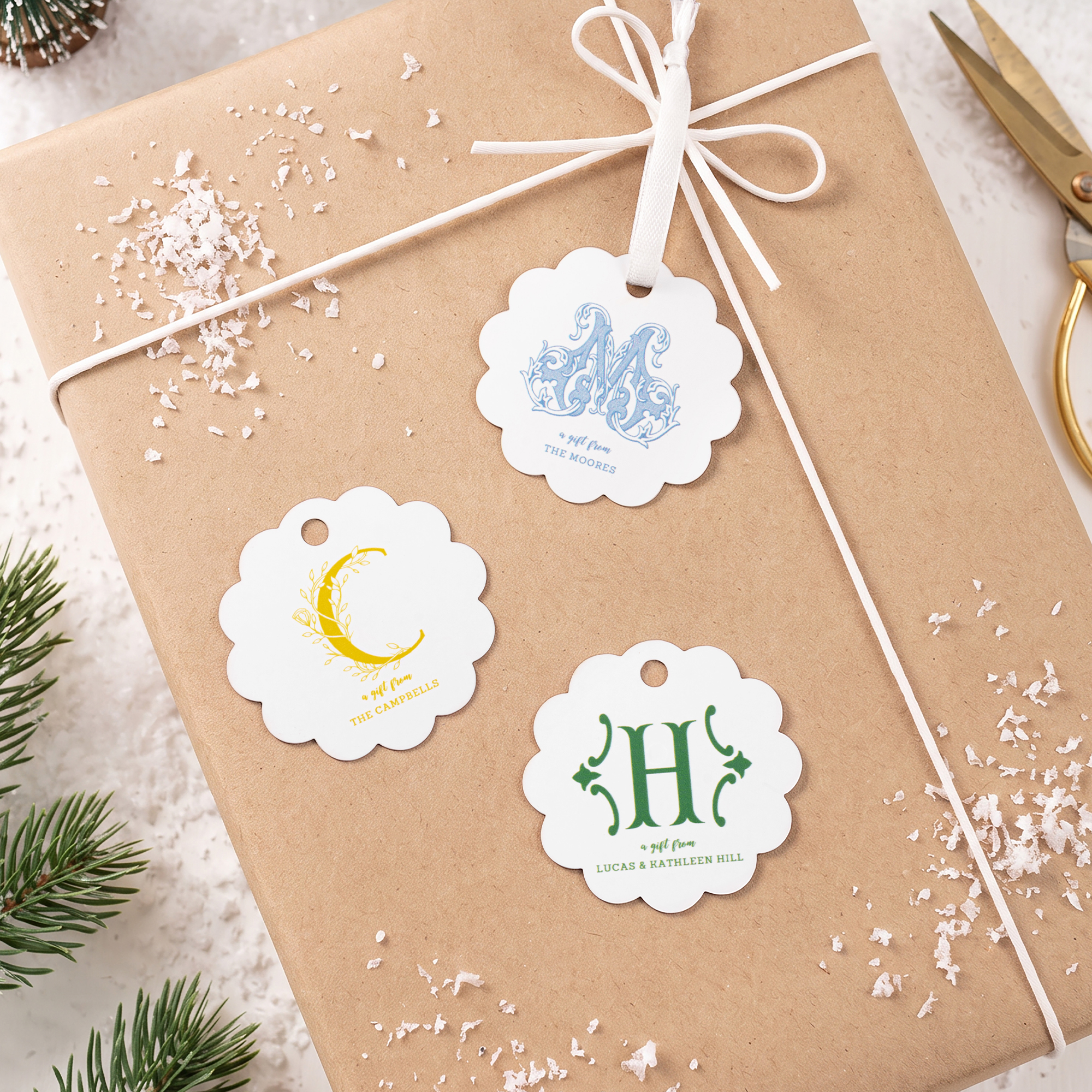 Personalised Scalloped Flower Edge Initial Gift Tags with Text and Ribbon Gift Decor Wedding Christmas Gift for Couple Bride to Be