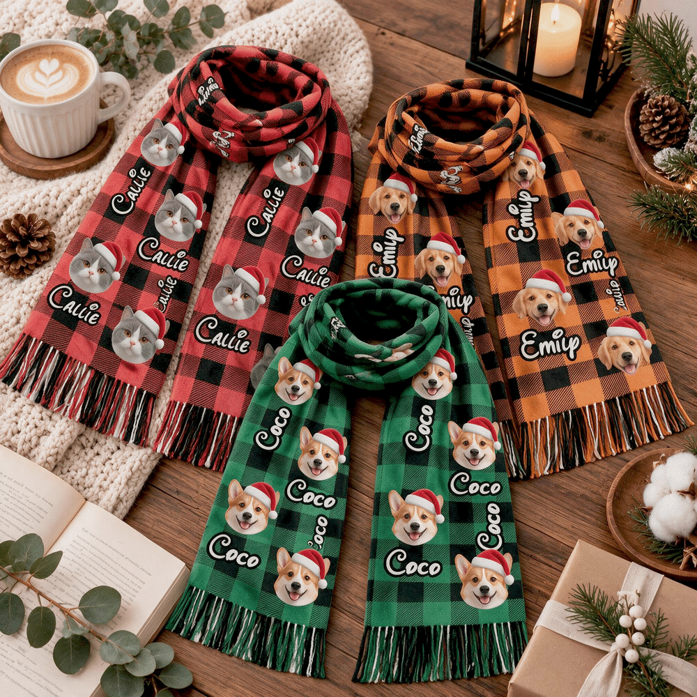 Écharpe personnalisée sur le thème de Noël, avec un personnage de dessin animé représentant votre animal de compagnie, son nom et un pompon – Accessoire d'hiver, cadeau de Noël idéal pour les propriétaires d'animaux de compagnie 2