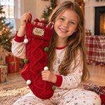 Personalized Reindeer Antler Mountain Initial Name Patch Knit Christmas Stocking with Colorful Pom-Poms Christmas Gift for Family Kids