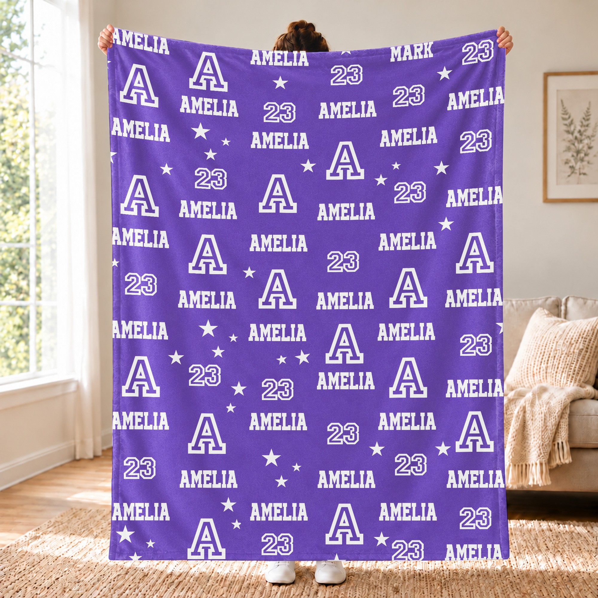 Personalized Star Paw Print Word Cloud Soft Throw Blanket with Initial Name and Number Home Decor Birthday Christmas Gift for Kids Family Friends
