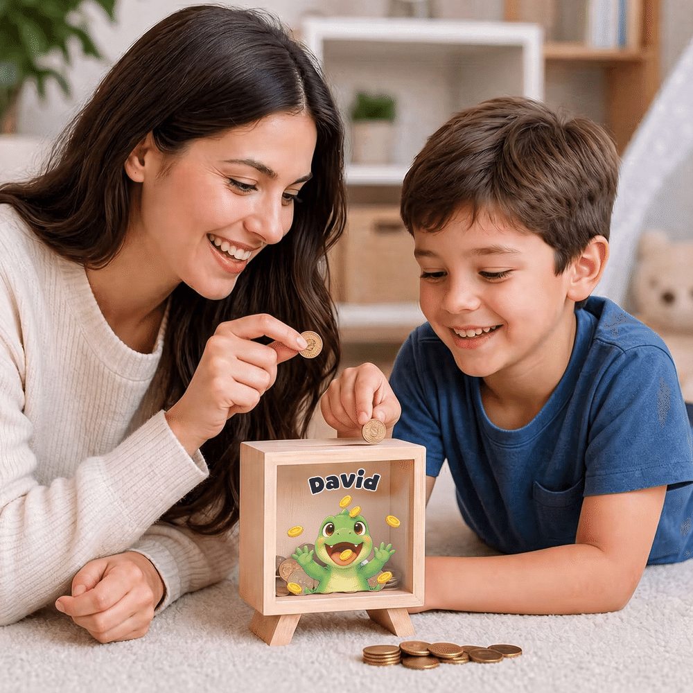 Personalized Eat Gold Coin Animal Wooden Money Box Piggy Bank with Text Back to School Birthday Gift for Boys Girls 6