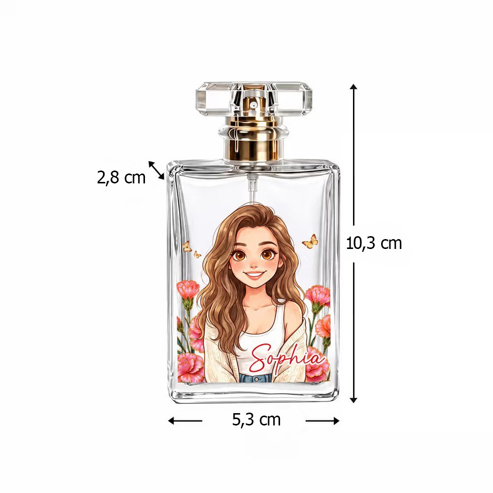Gepersonaliseerd navulbaar parfumflesje met foto in cartoonstijl, geboortebloem en naam, glas, bruidsmeisjes cadeau of verjaardagscadeau voor vrouwen 7