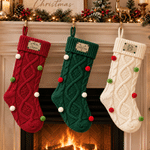 Personalized Reindeer Antler Mountain Initial Name Patch Knit Christmas Stocking with Colorful Pom-Poms Christmas Gift for Family Kids