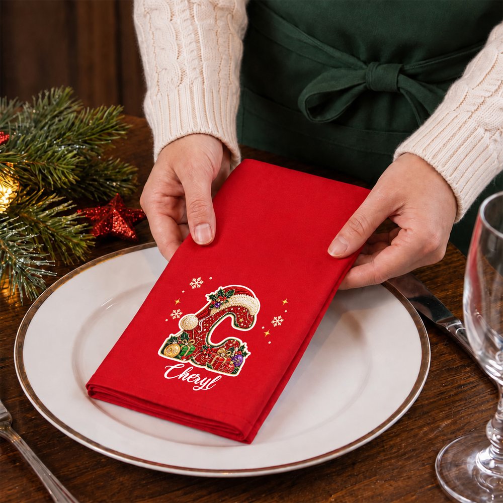 Personalised Christmas Faux Rhinestone Initial 100% Cotton Red Napkin with Name Table Decor Christmas Gift for Family Friends 6