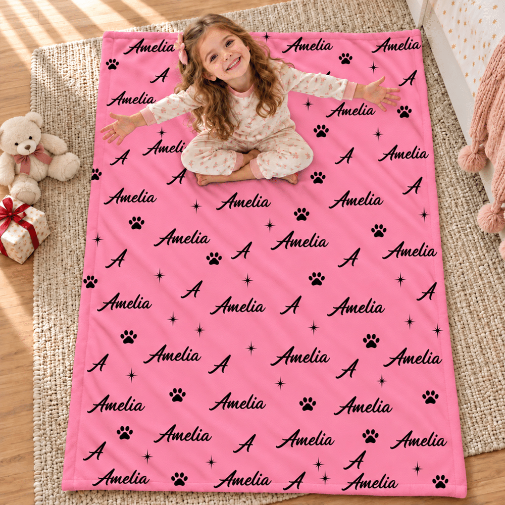 Personalized Star Paw Print Word Cloud Soft Throw Blanket with Initial Name and Number Home Decor Birthday Christmas Gift for Kids Family Friends 5