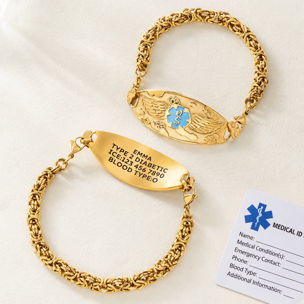 Pulsera de identificación médica personalizada con alas de ángel y información médica grabada; regalo de cumpleaños para situaciones de emergencia y primeros auxilios, ideal para personas con diabetes, alergias o epilepsia 4