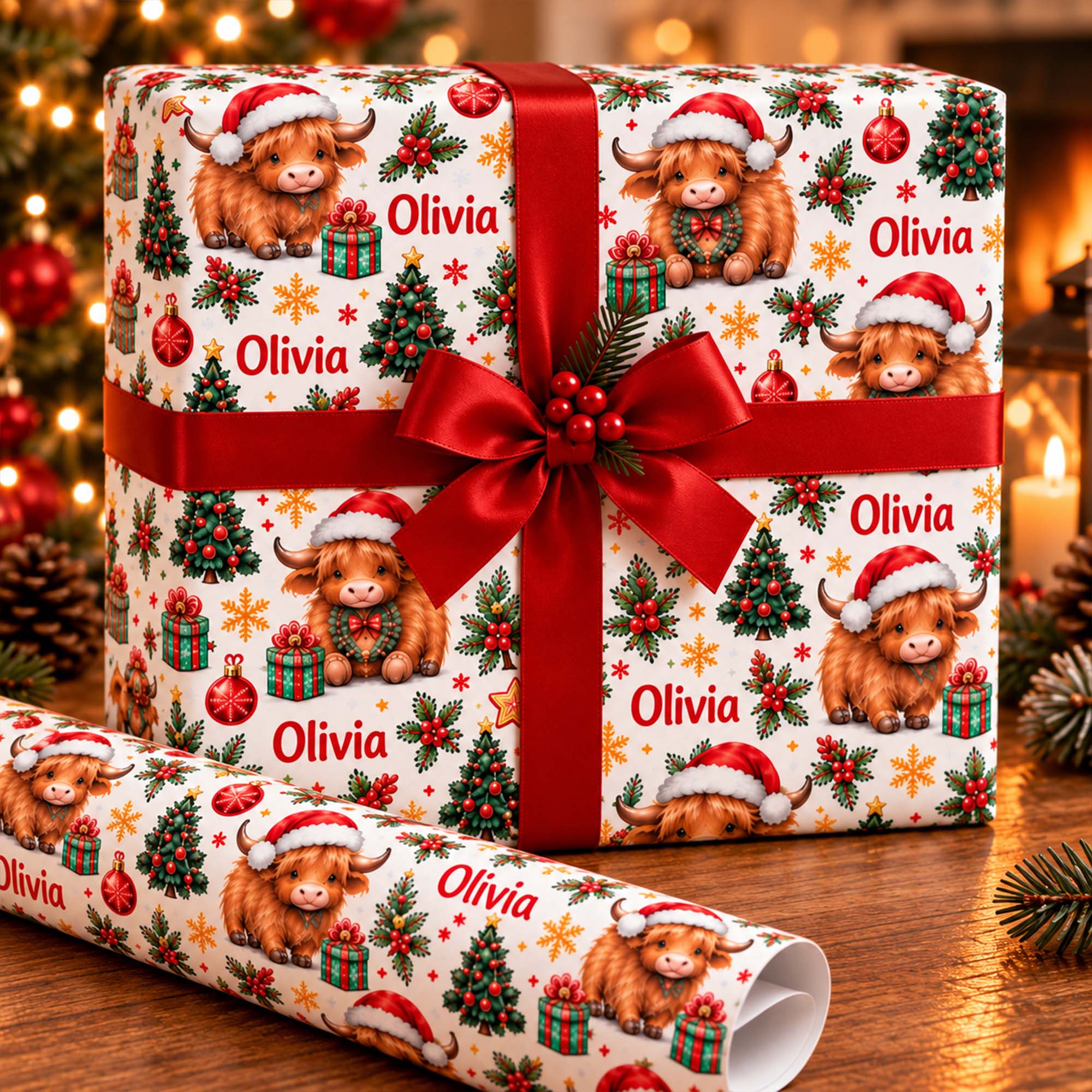Personalised Highland Cow Christmas Tree Wrapping Paper with Name Christmas Gift for Family Friends