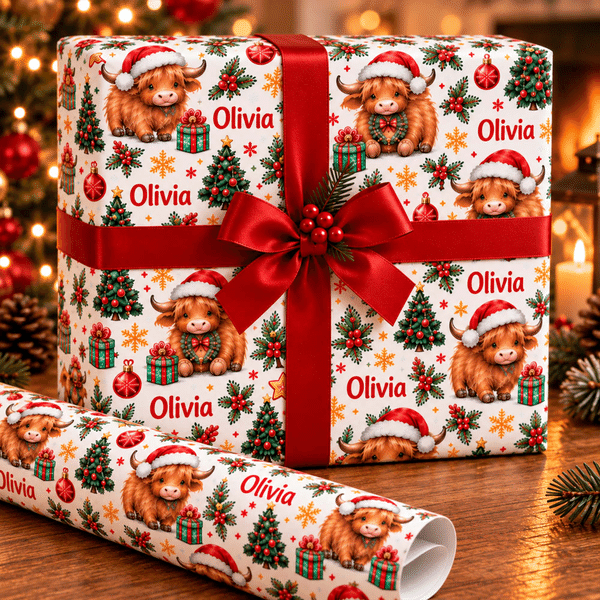 Personalized Highland Cow Christmas Tree Wrapping Paper with Name Christmas Gift for Family Friends