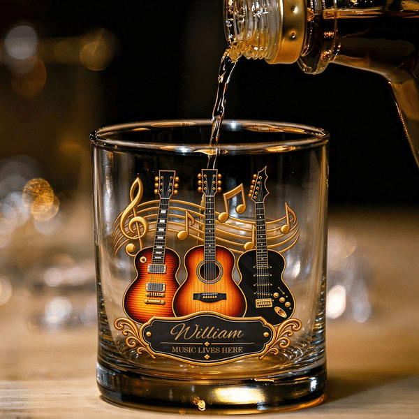 Personalized 3D-Effect Artwork Guitar Studio 10 oz Rock Whiskey Glass with Name Birthday Anniversary Holiday Gift for Guitar Players Music Lovers