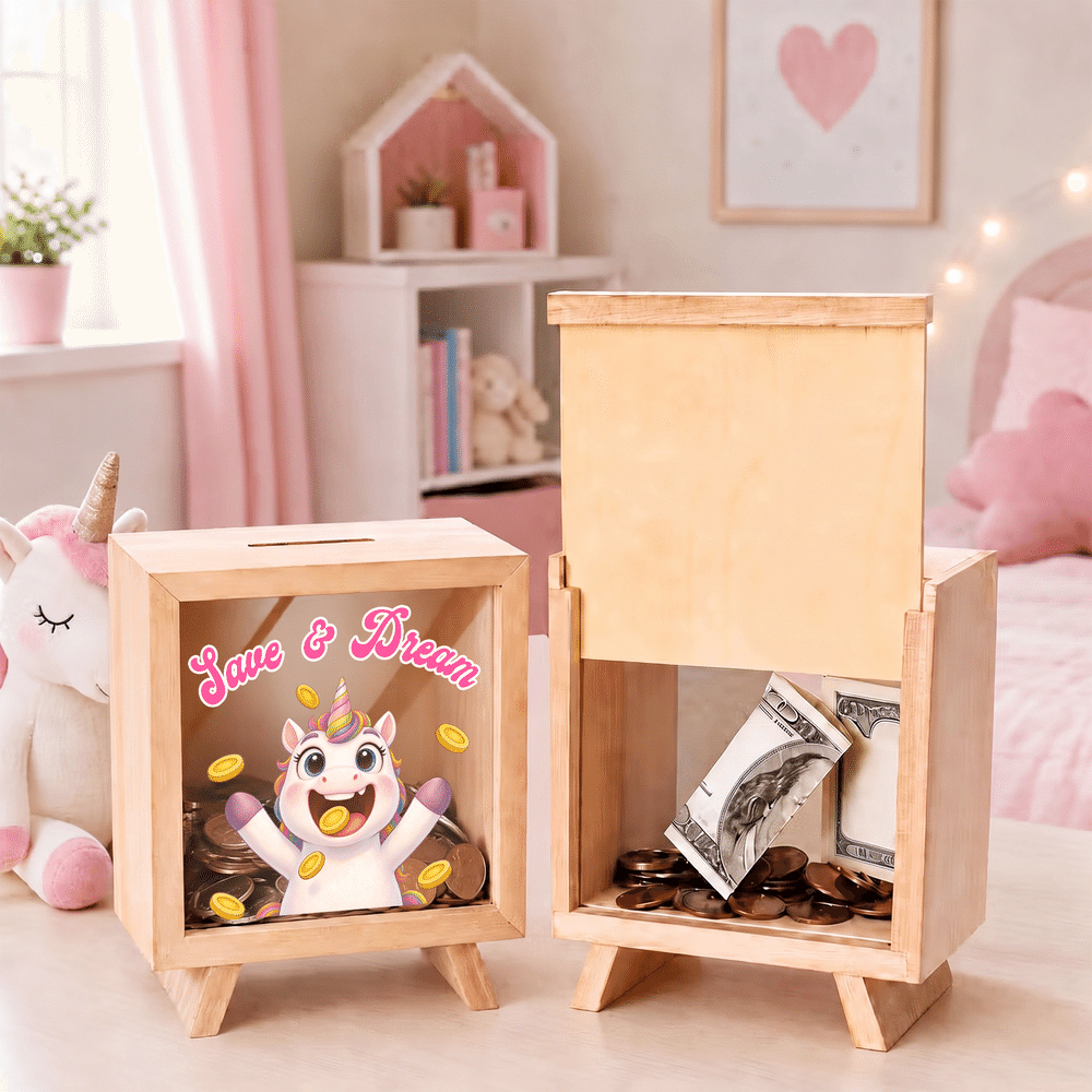 Personalized Eat Gold Coin Animal Wooden Money Box Piggy Bank with Text Back to School Birthday Gift for Boys Girls 7