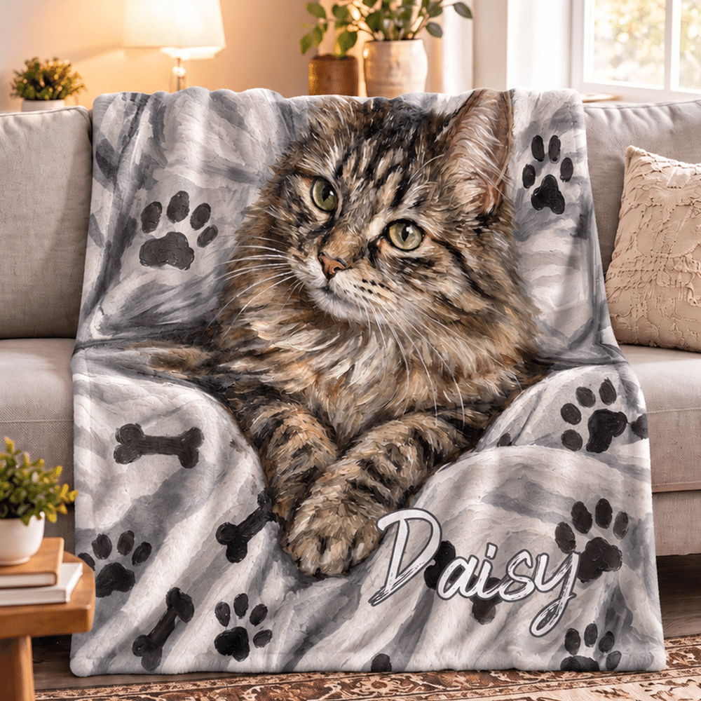 Personalized Oil Painting Style Pet Photo Soft Throw Blanket with Name Home Decor Birthday Christmas Gift for Dog Cat Pet Owner Lover 2