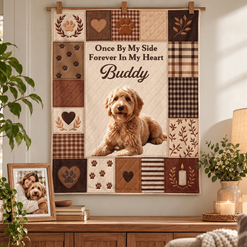 Manta suave personalizada con estampado de huellas de mascota, estilo patchwork con efecto colcha, con foto y nombre; regalo conmemorativo de condolencia por la pérdida de una mascota para el dueño 2