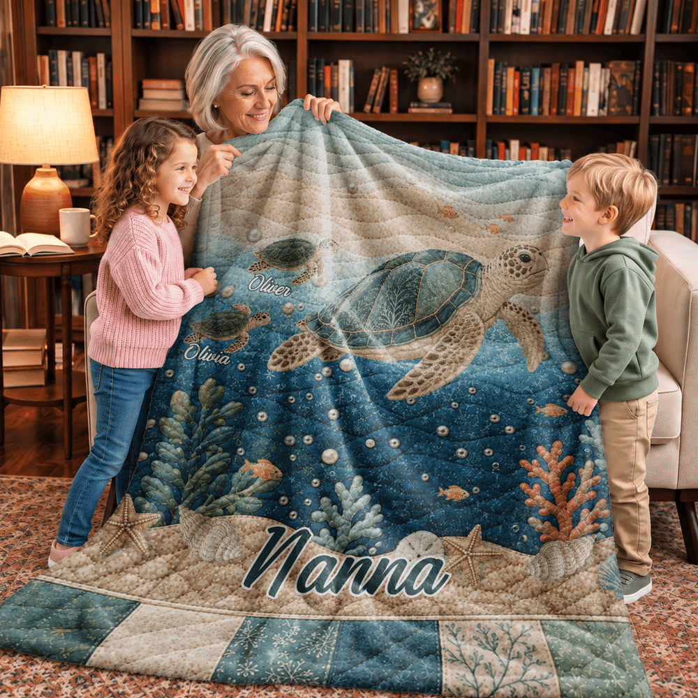 Personalised Sea Turtle Family Quilt-Effect Soft Throw Blanket with Title and 1-10 Names Home Decor Birthday Christmas Gift for Mum Gran Family 2