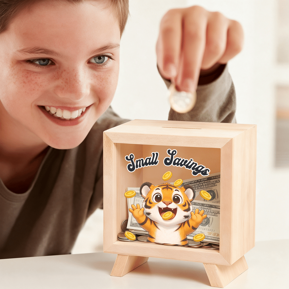 Personalized Eat Gold Coin Animal Wooden Money Box Piggy Bank with Text Back to School Birthday Gift for Boys Girls 5