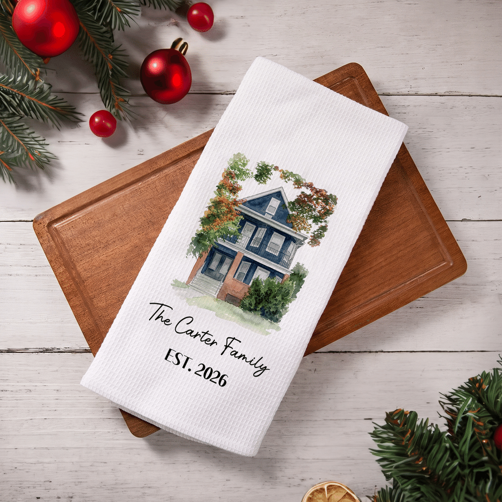 Personalised Watercolor House Photo Soft Waffle Tea Towel with Text and Year Kitchen Decor Housewarming Christmas Gift for Family Friends 2